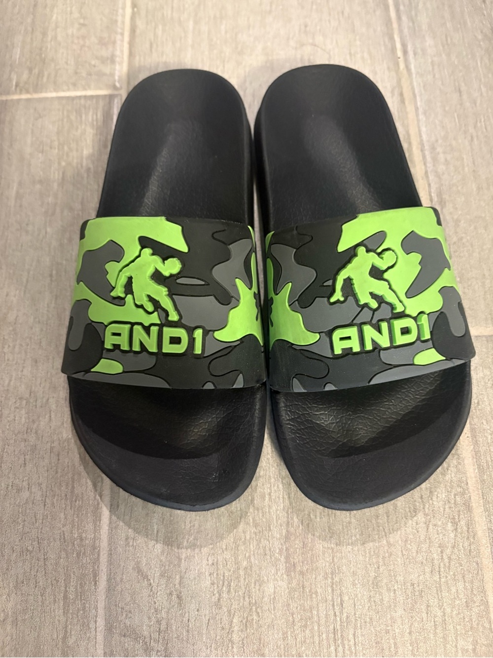 And1 Black Slides with Neon Green Camo Strap
